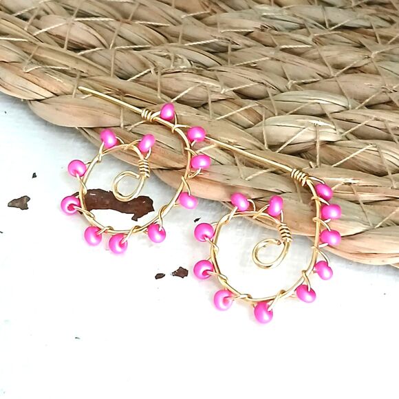 Boho Chic Beaded Stud Earrings, Pink Seed Bead Jewelry, Artisan 1" - Picture 1 of 3
